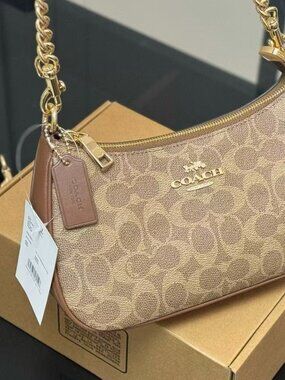 Coach Brown Teri Signature Crescent shoulder Bag with Gold Hardware Ladies' hand